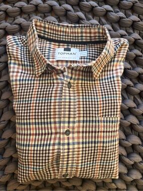 Topman Yellow Plaid Button-Down Shirt with Navy & Red Accents